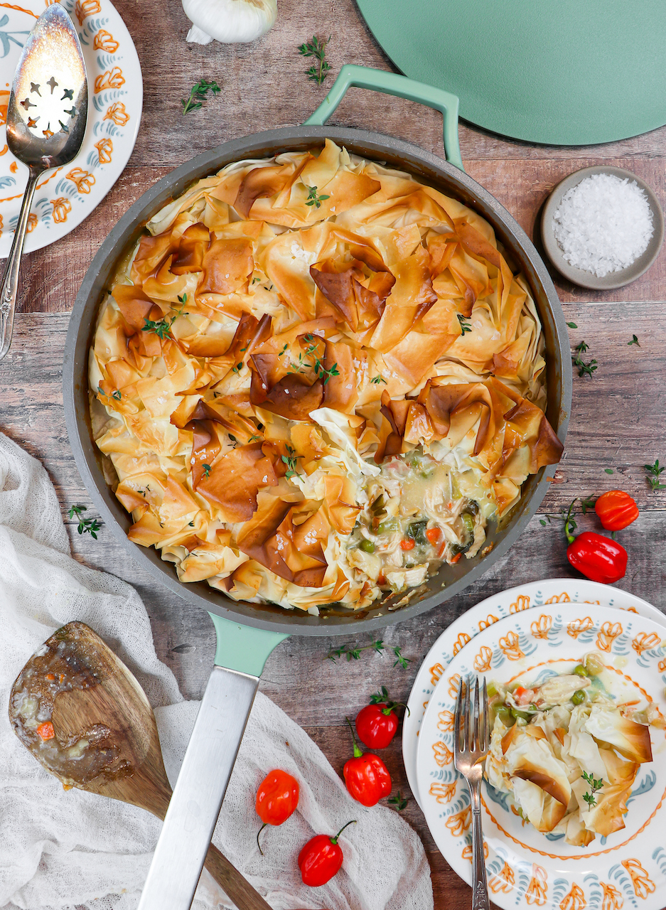 One Pan Chicken Pot Pie with Flaky Phyllo Crust